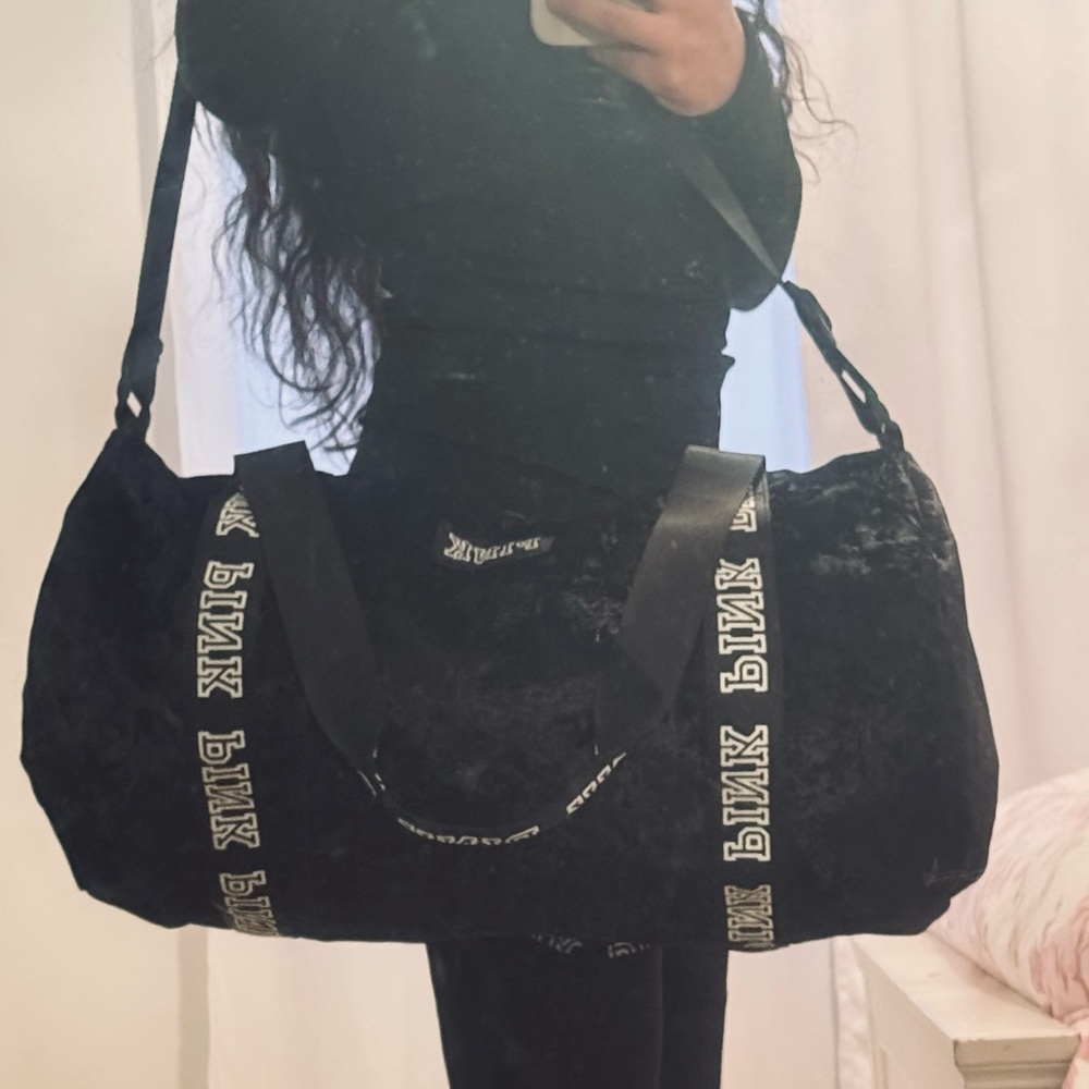 Pink Brand Black Velvet Duffel Bag
